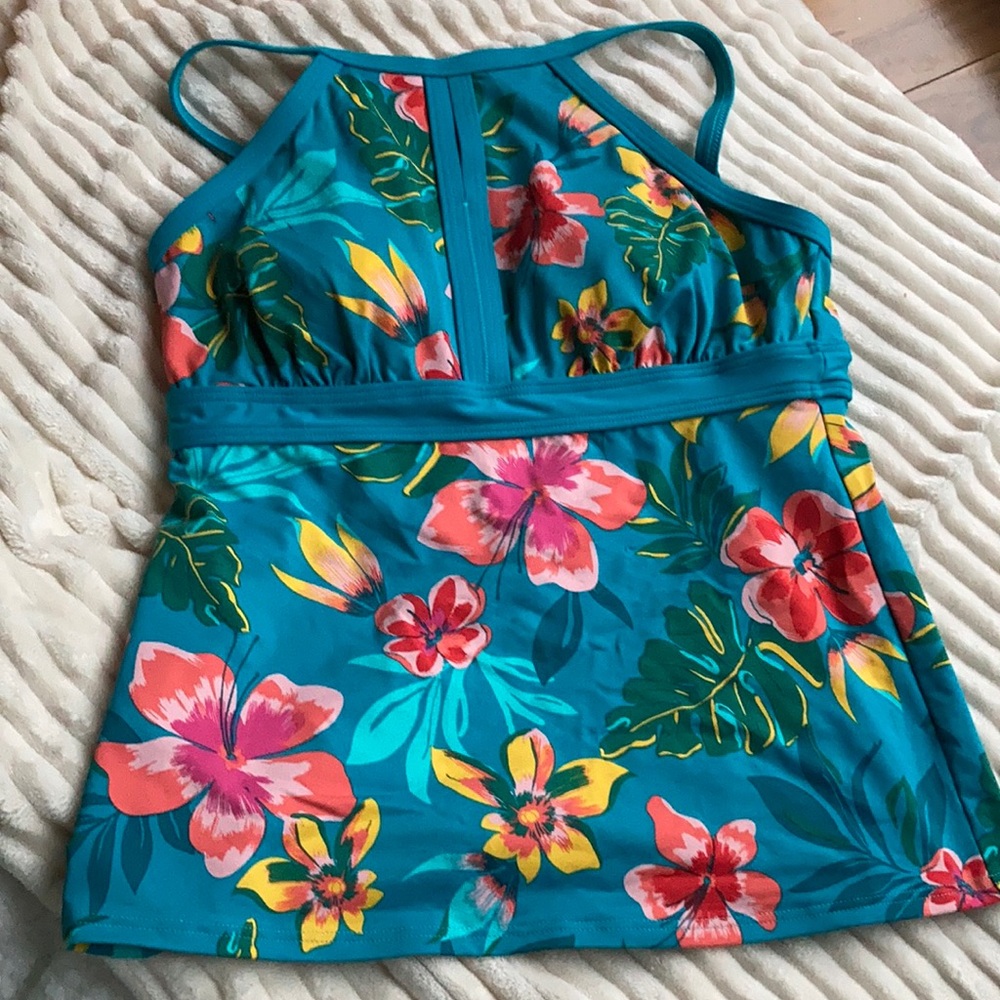 Like- New Lands End Teal Tankini Top with All Over Floral Print